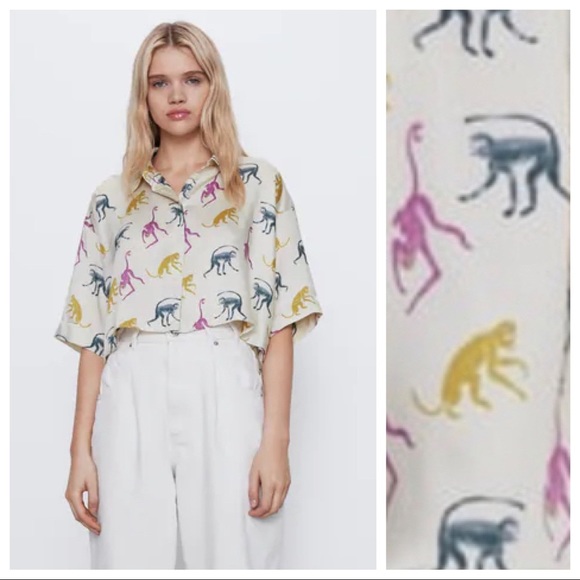 NWT. Zara Monkey Print Cropped Shirt Size XL, XXL. - Picture 1 of 6